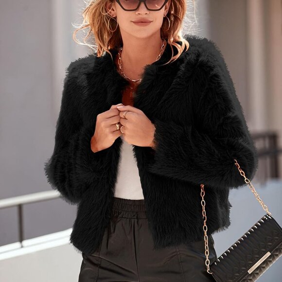 Women's 2025 Winter Coats Fleece Cropped Jacket Faux Fur Long Sleeve Pockets Sha - Picture 5 of 8